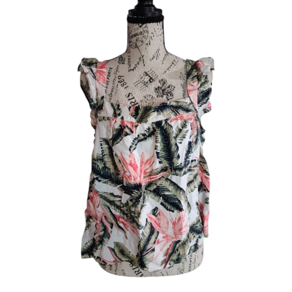 LOFT Linen Blend Tropical Bird of Paradise Top, Size Medium
